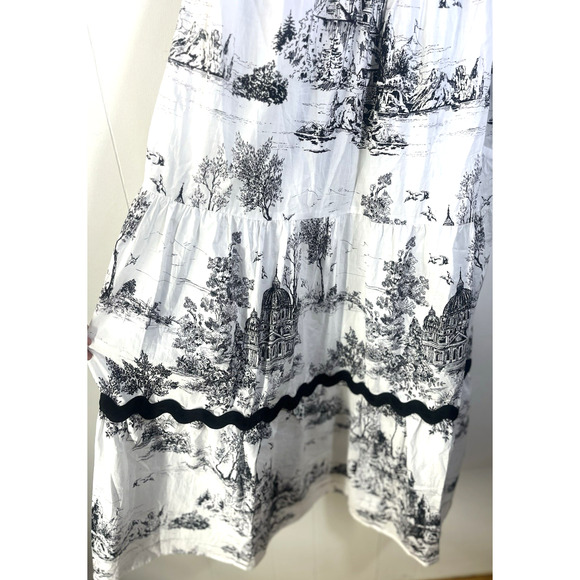 Umgee Toile Tiered Midi Dress Black White French Country Ric Rac Trim Medium New - Picture 7 of 12